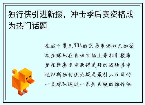 独行侠引进新援，冲击季后赛资格成为热门话题