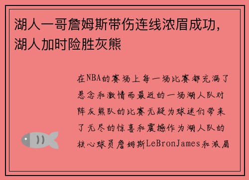 湖人一哥詹姆斯带伤连线浓眉成功，湖人加时险胜灰熊